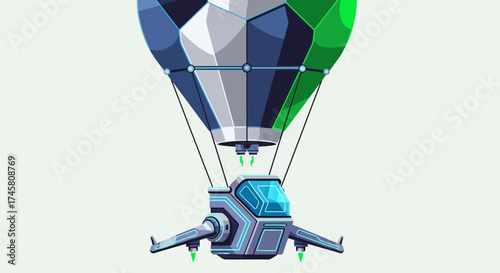 Futuristic hybrid airship with a faceted balloon and spaceship cabin.