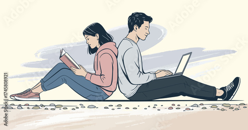 Young Couple Sitting Back to Back – Casual Lifestyle Moment Depicting Youthful Relationship, Modern Fashion, and Emotional Distance in Relaxed Outdoor or Studio Environment