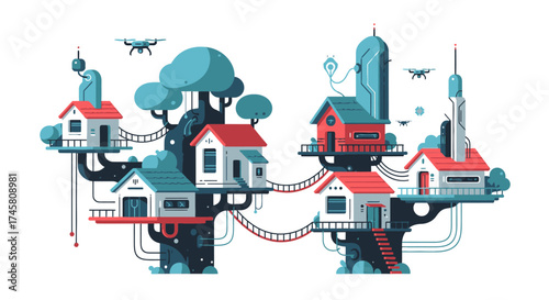 Futuristic treehouse village with connected houses and drones flying around.