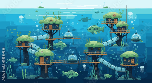 Futuristic Underwater City with Interconnected Treehouse Habitats.