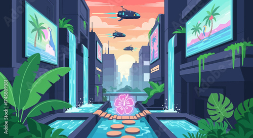 Futuristic urban oasis with glowing pink brain sculpture and flowing water features.