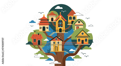 Global community concept with diverse houses on a large tree.
