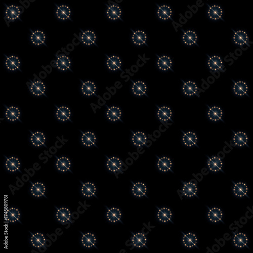 Abstract repeating pattern of circular stars on black background. A repeating abstract pattern of round stars arranged diagonally and in rows on a black background.