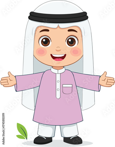 Cute Arabic boy cartoon character wearing traditional thobe and keffiyeh, smiling happily, welcoming pose, isolated background, Islamic culture, Middle Eastern child illustration