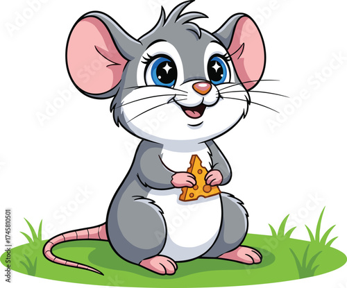 Cute cartoon mouse holding cheese, adorable little animal, happy rodent character sitting on grass, funny pet illustration for kids, vector design