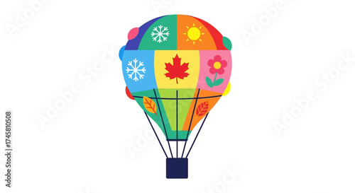 Hot air balloon with seasonal motifs representing all four seasons.