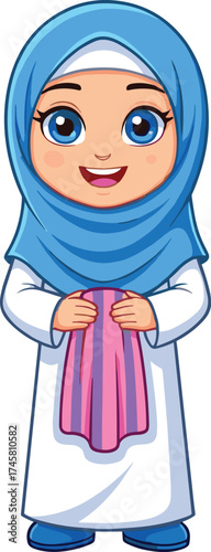 Cute muslim girl cartoon character wearing blue hijab and white dress, smiling happily, holding pink cloth, islamic culture, vector illustration, adorable child