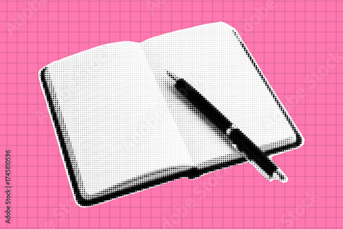 Notebook with pen retro halftone collage