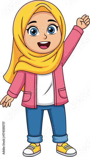Happy cartoon muslim girl wearing yellow hijab and pink jacket, smiling pose, cute child character, cheerful expression, vector illustration design