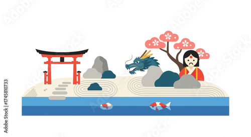 Japanese Garden Scene with Dragon, Torii Gate, and Koi Fish.