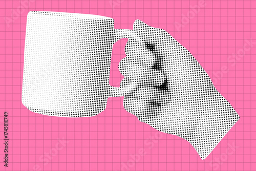 Hand with mug cup retro halftone collage