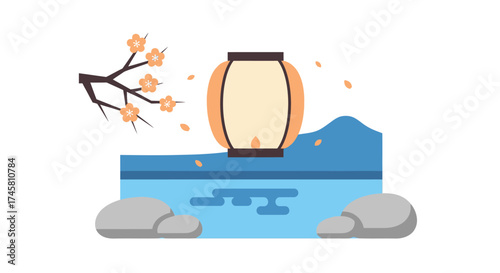 Japanese lantern floating on water with cherry blossom branch.