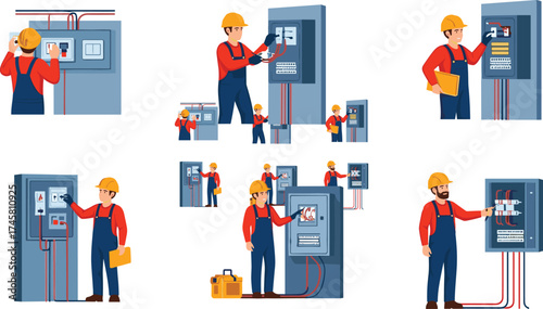 Electricians Working on Electrical Panels with Safety Gear, Tools, Multimeter, Clipboards, Wiring Inspection, Repair, Installation, and Technical Maintenance Scenes