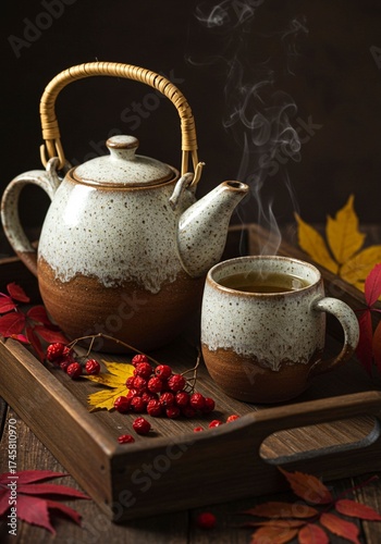 Rustic Ceramic Teapot And Cup With Steam On Wooden Tray Amid Autumn Leaves