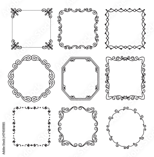 Collection of nine ornate black and white decorative borders and frames in various geometric and floral styles for design elements