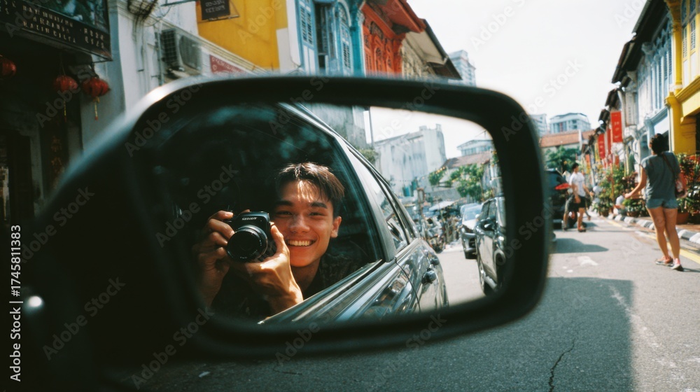 Naklejka premium a cool stylish young malay man laughing looking at the side mirror of a car, in the reflection there are two other young malay guys laughing and having fun roadtrip 