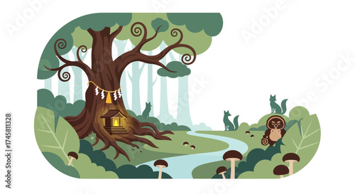 Magical fairytale treehouse in an enchanted forest illustration.