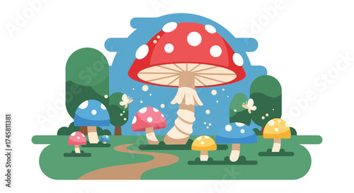 Magical mushroom family in a whimsical fantasy forest glade.