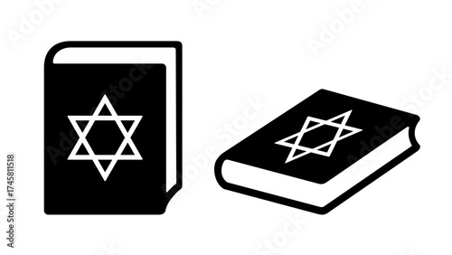 Jewish Torah book or Chumash vector icon, black silhouette isolated on white. Printed Hebrew Bible, Pentateuch or Five Books of Moses, Talmud with a Star of David on cover. Clipart of stencil style.