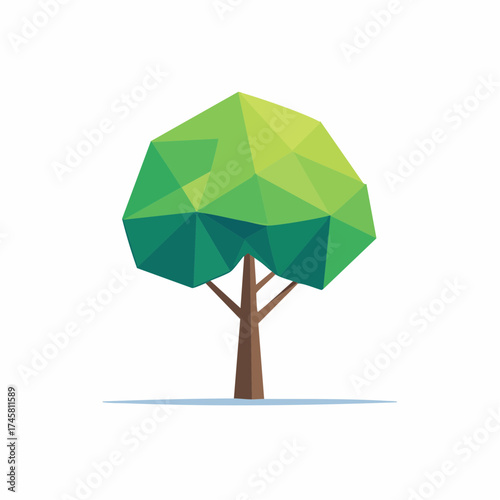 Low poly tree illustration with green leaves and brown trunk on white background.