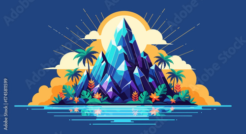 Majestic crystal mountain landscape with vibrant colors and tropical elements.