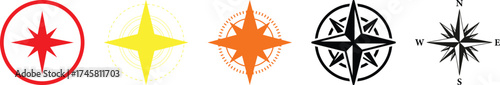 Collection of Diverse Compass Rose and Starburst Icons in Various Colors