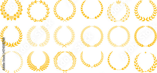 Collection of Golden Laurel Wreaths and Crowns for Awards and Recognition