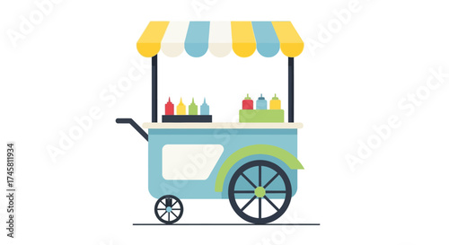 Mobile street food cart with striped awning vector illustration.