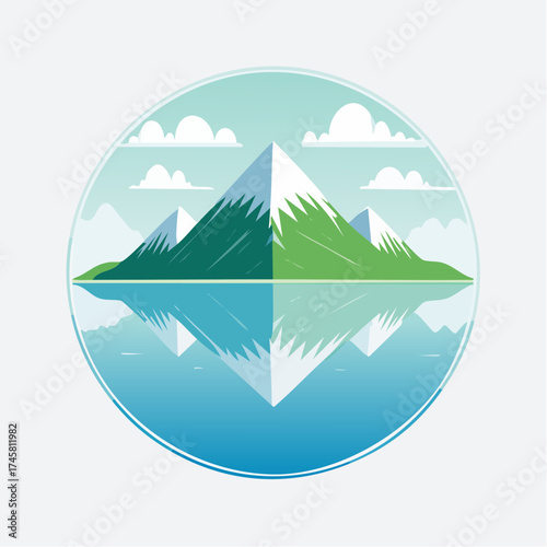 Stylized flat design illustration of snow-capped mountains reflecting in a serene lake under a cloudy sky, enclosed in a circular frame.