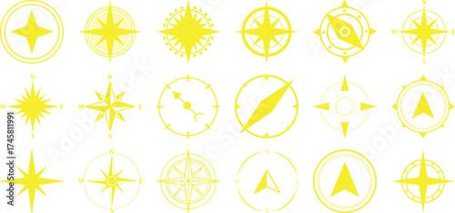 Collection of Yellow Compass Rose and Navigation Icons on White Background