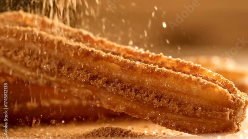 Golden Churros Delight: Capturing the Essence of Freshly Made Churros with Sugar Dusting Motion, Perfect for Food Enthusiasts and Dessert Lovers Alike