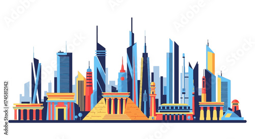 Modern city skyline with pyramids and skyscrapers architectural design.