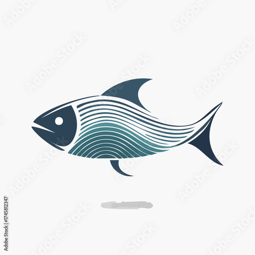 Stylized graphic illustration of a fish with horizontal lines on its body, in shades of blue and teal.