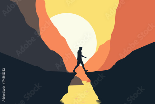 Silhouette of man crossing a mountain canyon at sunset illustration