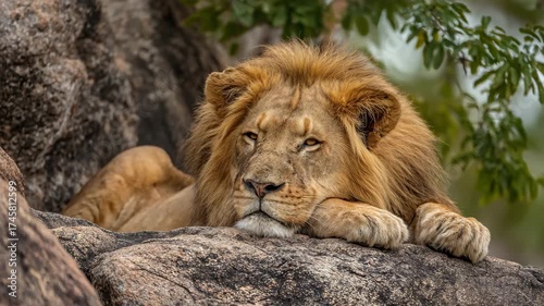 Majestic lion rests on rocks in its natural habitat