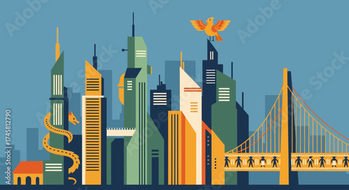 Modern Cityscape with Unique Architectural Elements and a Bridge.