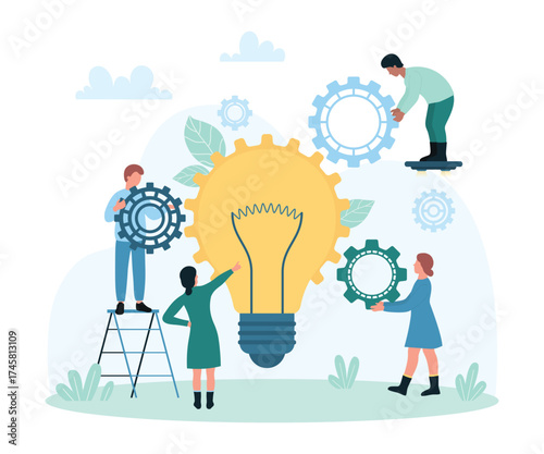 Business strategy of innovation and creative solutions vector illustration. Cartoon tiny people combine gears to engine inside light bulb to customize business process, organization development