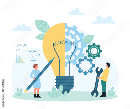 Business plan creation, development of creative solutions vector illustration. Cartoon tiny people create idea light bulb with pencil and wrench, brainstorm work with gears inside lamp engine