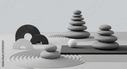 Monochrome still life of balanced zen stones for harmony.