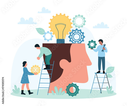 Productive and effective training, intelligence vector illustration. Cartoon tiny people put gears and cogwheels into human head with light bulb, teach and boost skills, work with brain of person