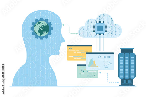 Machine learning vector illustration. Cartoon isolated infographic chart with hardware equipment, smart brain of AI in big human head and cloud connection for computing, digital data analysis
