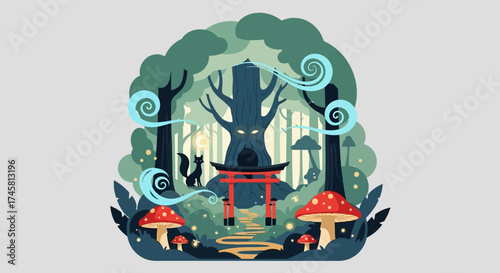 Mystical Forest Illustration with a Spooky Tree and Torii Gate.