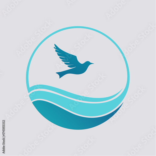 Blue bird flying over stylized waves in a circular logo design.