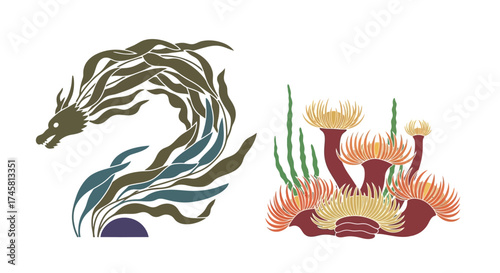 Mythical sea dragon made of kelp and colorful sea anemones illustration set.