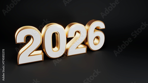 3D Render of Year 2026 with White Glossy Numbers and Golden Outline, Placed Diagonally on a Dark Black Reflective Surface