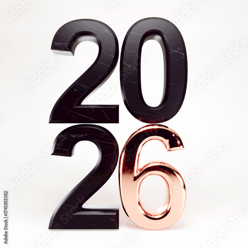 Stacked Year 2026 with Black Marble Texture and Shiny Copper Six, Standing on a Clean White Surface in High Resolution