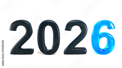 Year 2026 Text with Black Matte and Shiny Blue Glass Number Six, Isolated on a Pure White Background for Design