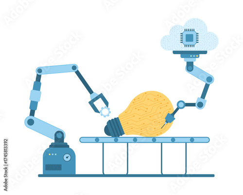 Automation of production and development of ideas and new digital projects vector illustration. Cartoon isolated automatic robot arm and machine with AI and manipulator work on light bulb on conveyor