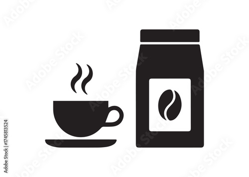 Cup of coffee and package icon, Cup of coffee and package solid vector design