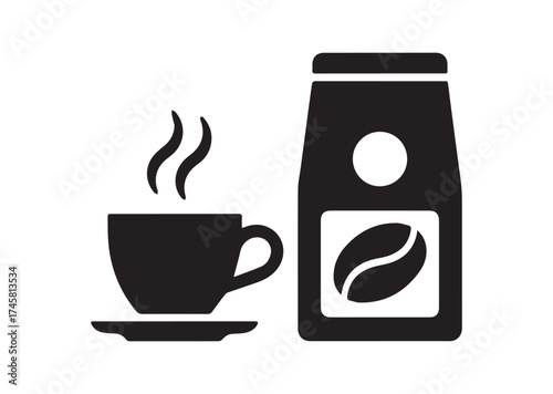 Cup of coffee and package icon, Cup of coffee and package solid vector design